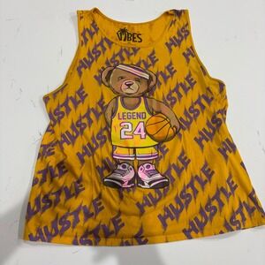 Vibes Mens Hustle Legend 24 Basketball Bear Graphic Tank Top Yellow Purple 2XL